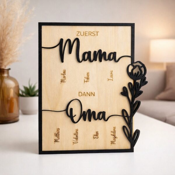Familienbild "zuerst Mama, dann Oma" aus Holz personalisiert